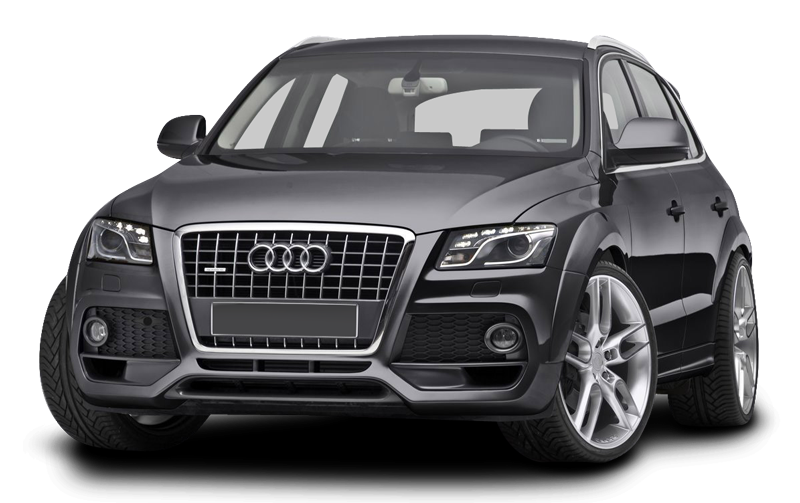 A dark gray Audi Q5 SUV is shown from the front, featuring a prominent grille, sleek headlights, and sporty alloy wheels. The vehicle has a modern design with a compact body and a spacious interior visible through the windshield.