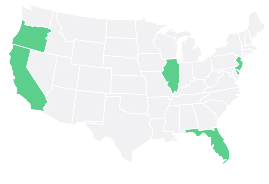 A map of the United States showing several states highlighted in green against a white background. The highlighted states include California, Illinois, and Maryland, among others. The remaining states are displayed in white.